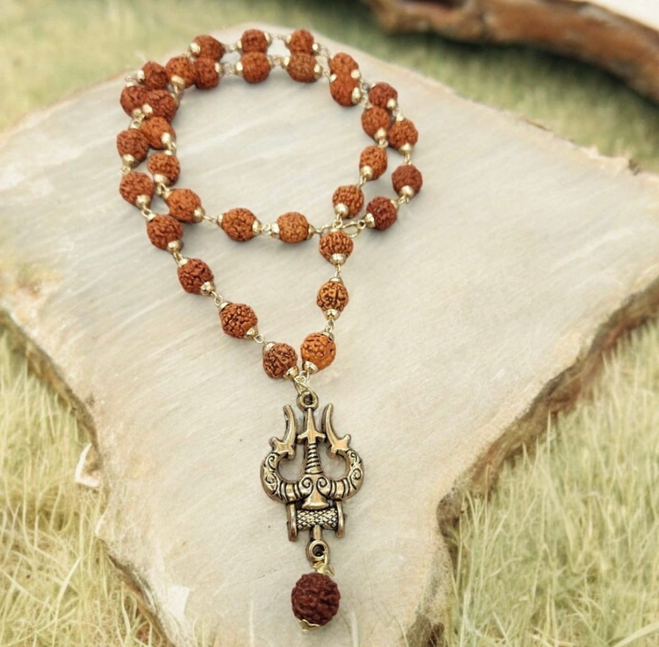 7 Mukhi Gold Plated Trishul Rudraksha Mala With Pendant For Men & Women - Image 3