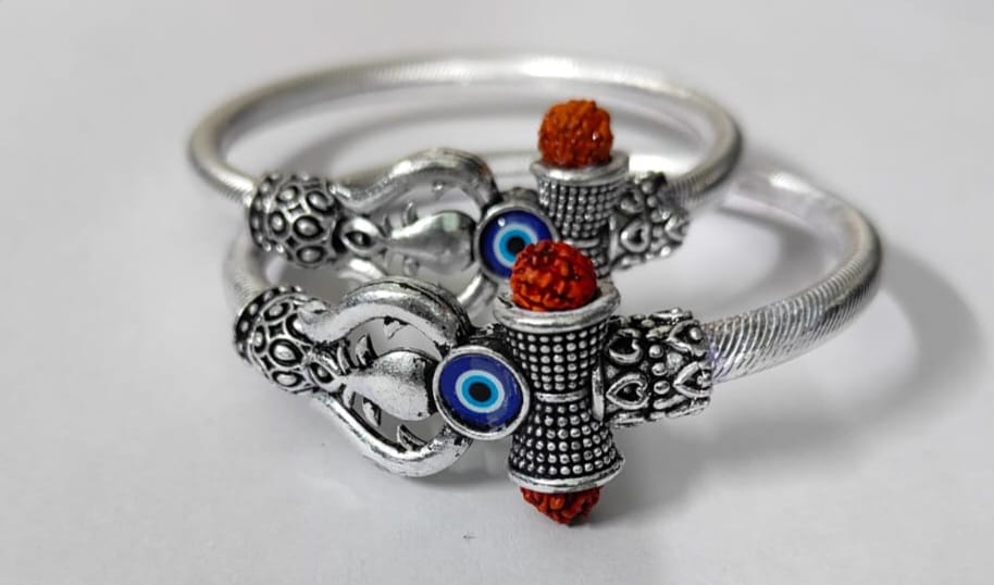 5 Mukhi Rudraksha Trishul Damroo Design Silver Plated Shiva three eye Oxidised Kada